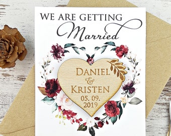 Boho Floral Save the Date card with rustic wood magnet
