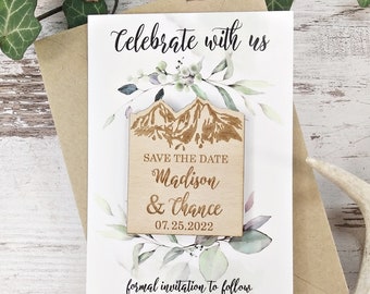 Save The Date Magnet, Mountain Wedding Invitation, Wood Save the Date, Forest Save the Date, Rustic Mountain Wooden Save The Date Magnet