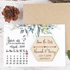 Magnete calendario personalizzato salva la data + biglietto + busta, magnete per matrimonio in legno inciso al laser, esagono in legno salva la data