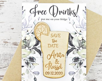 Free Drinks Wood Save the Date Magnet Rustic Wedding