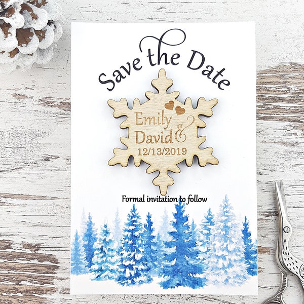 Snowflake Save The Date Magnet, Winter Wood Save The Dates, Wedding Invitation, Wedding Favors, Rustic Save The Date, Wooden Magnet