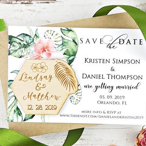 Tropical Save the Date Geometric Wood Magnet, Destination Wedding, Hawaii, Mexico