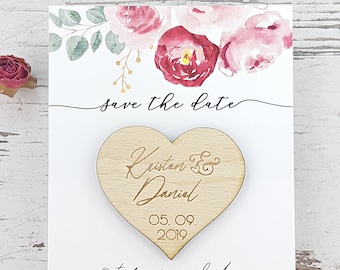 Floral Save the Date Invitation with Heart Wood Magnet