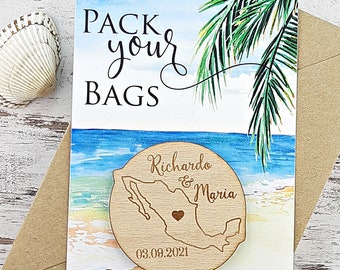 Save the Date Magnet Mexico, Destination Wedding, Beach Save the Date, Tropical, Rustic Wedding Wood Magnet, Cancun, Pack your bags, custom