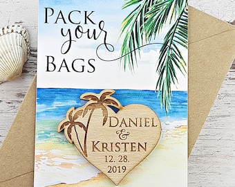 Palm Tree Save the Date Magnet, Wood Wedding Magnet, Rustic Beach Magnet, Beach Save the Date, Pack Your Bag Magnet, Custom save the date