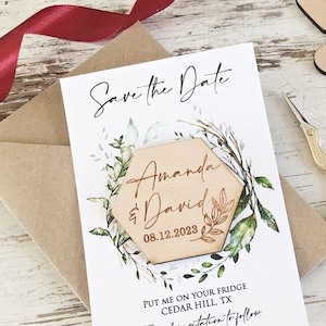 Hexagon Save-the-Date Magnet, Modern Save the Date Cards, Wedding Trend Magnet, Wood Wedding Magnet, Wood Hexagon Magnet, Greenery Save-the