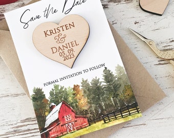 Barn Save The Date Magnet, Country Wedding Invitations, Save The Date Cards, Wooden Wedding, Barn Wedding Magnet, Heart Wooden Magnet