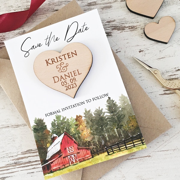 Barn Save The Date Magnet, Country Wedding Invitations, Save The Date Cards, Wooden Wedding, Barn Wedding Magnet, Heart Wooden Magnet
