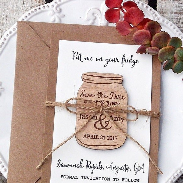 Mason Jar Save-the-Date Magnet, Save The Date Wooden Magnet, Wooden Save The Date Magnet, Rustic Save The Date Card with Magnet & Envelope