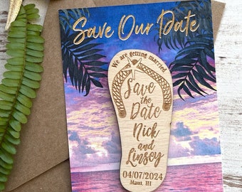 Save the Date Magnet Flip Flop with Beach Card and Envelope, Rustic Save-the-Date Wood Magnets, Save the Date Beach Magnet, Tropical Wedding