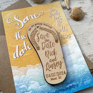 Flip Flop Save the Date Magnet avec carte de plage et enveloppe, Save-the-Date rustique Aimants en bois, Save the Date Beach Magnet, Mariage tropical