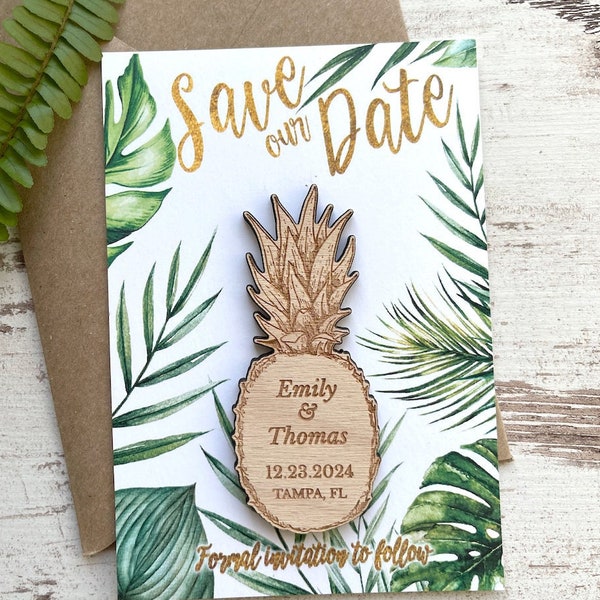 Save the Date Pineapple Magnets with Tropical Card, Tropical Wedding, Hawaii Wedding Magnet, Personalised Wooden Magnet, Wooden Pineapple