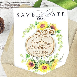 Aimant "retenez cette date" citrouille, carte "retenez cette date" tournesol, aimant "retenez cette date" en bois, automne, faire-part de mariage tournesol, mariage d'automne