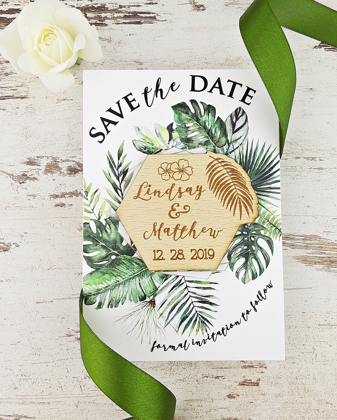 Palm Leaf Save the Date Magnet, Rustic Tropical Wood Magnet, Palm Leaf ...