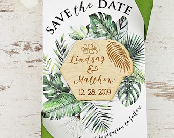 Palm Leaf Save The Date Magnet, Rustic Tropical Wood Magnet, Palm Leaf Wood Magnet, Custom Save the Date, Pack your bag, Destination Wedding