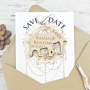 Enregistrer la date éléphant aimant, invitation de mariage indien, Mandala enregistrer la date carte avec aimant de mariage éléphant en bois