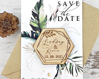 Beach Save the Date Magnet, Tropical Wooden Save the Date, Wedding Invitation, Custom Magnet, Palm Leaf Save Our Date, Heart Wooden Magnet