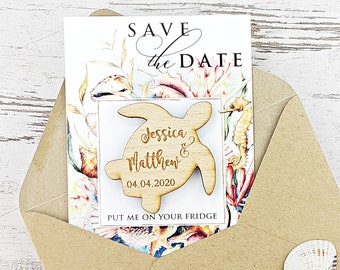 Save the Date Cards with Sea Turtle Wooden Magnet, Tropical Save The Dates with Envelopes, Modern Elegant Save the Dates