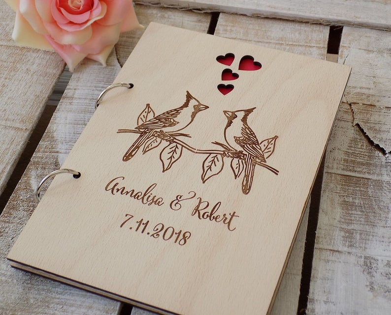 Birds Guest Book Rustic Wedding GuestBook Custom Wedding Journal Custom Guest Book Wooden Guest Book Personalised Guestbook Well Wishes Book