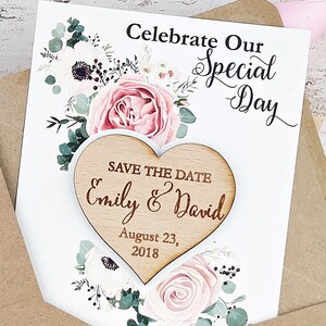 Magneti a cuore moderni ed eleganti Save The Date con biglietti e buste floreali botaniche, Save the Date personalizzati, Save the Date personalizzati