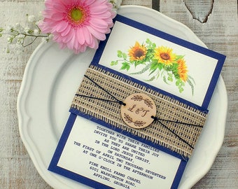 Sunflower Wedding Invitation Set Sunflower Invitation Custom Invitation Burlap Invitation Navy Blue Invite Boho Wedding Sunflower