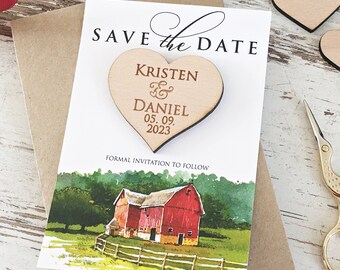 Barn Save The Dates, Save The Date Magnet, Country Wedding Invitations, Save The Date Cards, Wooden Wedding, Barn Wedding Magnet, Heart Wood