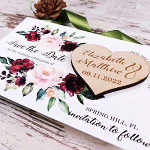 Rustic Heart Save The Date Magnet, Heart Wedding Invitation, Wood Save the Date, Burgundy Save the Date, Wooden Save The Date Magnet, Favor