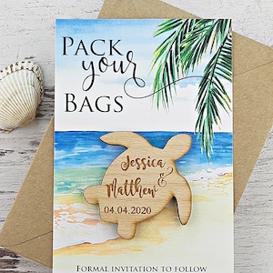 Save the Date Magnet Holz Meeresschildkröte, tropischen Save The Date, Ziel Hochzeit Magnet Karte, speichern Sie das Datum Strand, Holz Meeresschildkröte Magnet