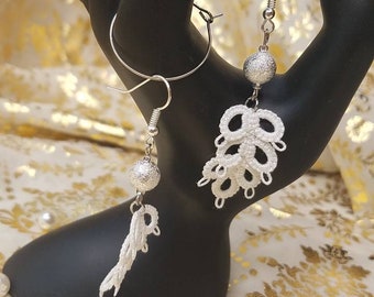 Fern leaf tatted lace earrings with silver sparkling bead, Handmade Tatted dangle lace earrings, Tatting jewelry, Textile fabric jewelry