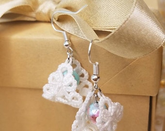 Handmade tatted lace earrings, Lace wrap blue bead with pink splash, tatted dangle earrings, tatting jewely, cotton jewelry