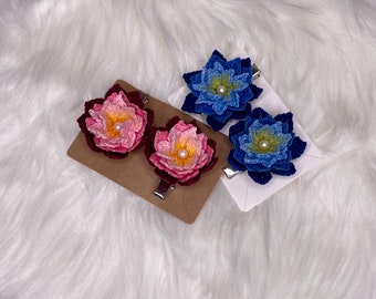 Lotus Flower Water Lilly Crochet Hair Clips 3 colors layer with pearls