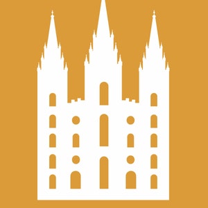 Orange with white silhouette of LDS temple