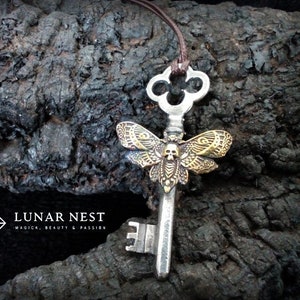 Moth Key Pendant + Box - Necklace Witches Hecate Key Skull gold moth Hekate Goddess