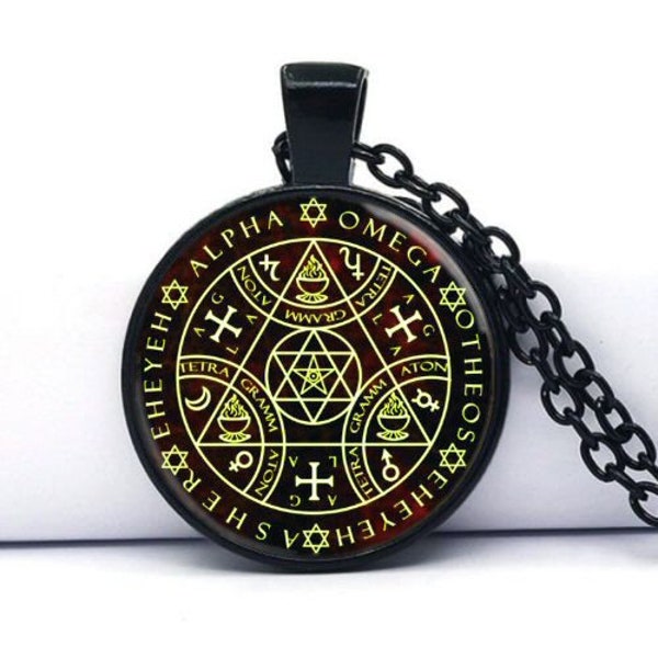 Enochian Sigil Colgante Talismán + Caja de regalo - Collar Alpha Omega, Amuleto de protección, Símbolo mágico
