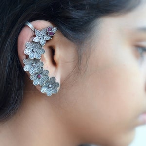 Ear Climber Flower Earrings, silver Ear Cuffs, Ear Crawler earring, statement ear cuff, unique Indian jewelry, dainty Cartilage jacket