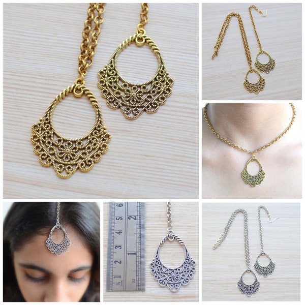 Maang Tikka Set, Tocado y collar indio Tikka para mujeres, joyas simples en la frente, joyas de boda Boho, Maang tika para niñas