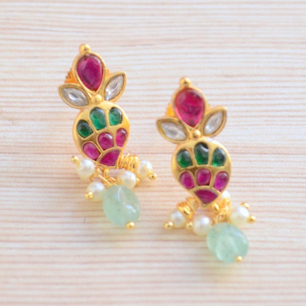 Kemp Jewelry, south indian temple jewellery, small kemp jhumka jhumki earring for girls, ruby emerald kundan drop earring for bridesmaid