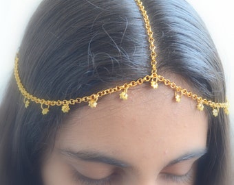 Goldene Kopfkette, Matha Patti, indisches Hochzeitsaccessoire für Mädchen, Maang Tikka, Stern-Kopfkette für Kinder, Stirnschmuck, Kettenstirnband