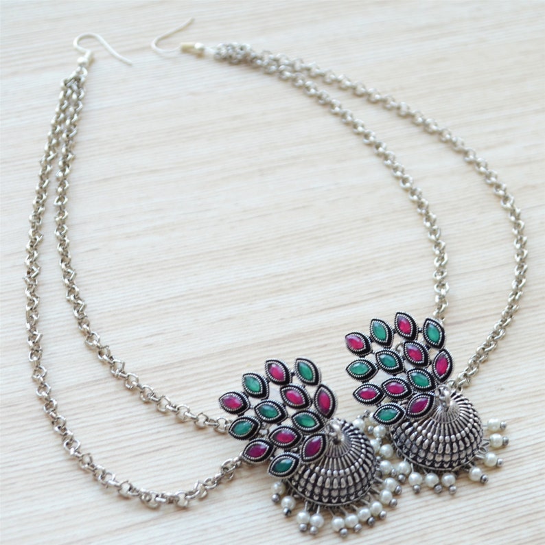 Indian earrings with Kaan Sahara hair chain ethnic oxidized jewelry Silver Pearl Jhumka Earrings south indian jhumki and kanauti