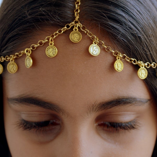 Gold Matha Patti, Indian Wedding Jewelry for Women, Coin Headpiece for Girls, Gypsy Belly Dance Jewelry, Tribal Bohemian Medallion Headchain