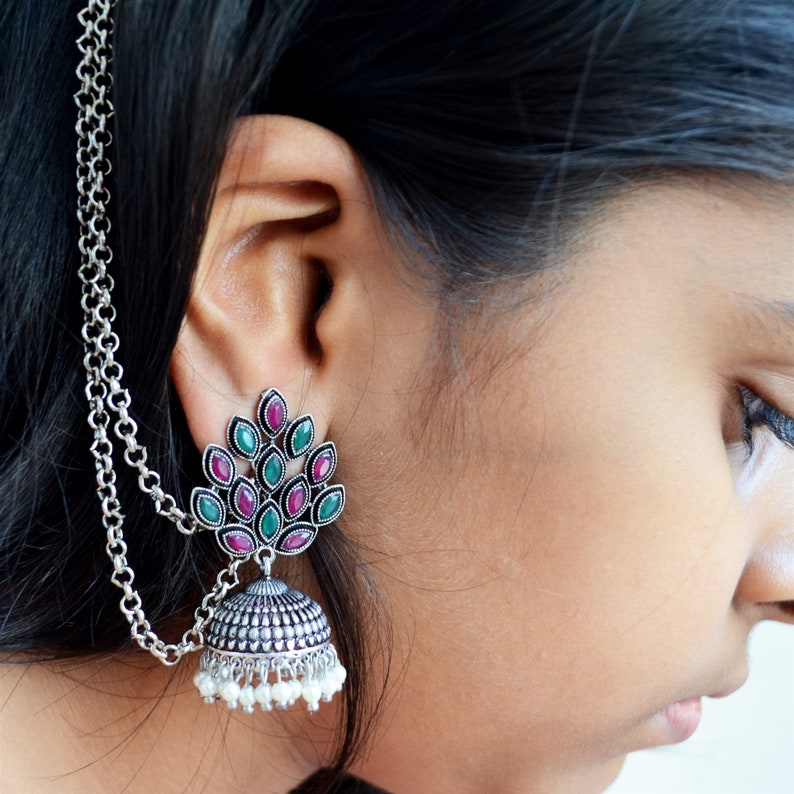 Indian earrings with Kaan Sahara hair chain ethnic oxidized jewelry Silver Pearl Jhumka Earrings south indian jhumki and kanauti