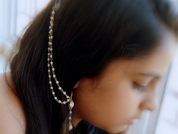 Indian earrings with Kaan Sahara hair chain ethnic oxidized jewelry Silver Pearl Jhumka Earrings south indian jhumki and kanauti