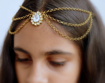 Kundan Matha Patti, Maang Tikka Headpiece, Indian hair accessory, Rajasthani Wedding Jewelry, Boho Antique Gold goddess style headdress