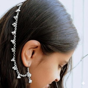 Silver Kanauti Earring with Hair Chain, Rajasthani Kaan Sahara or Kanoti jhumki, South Indian Matil for Wedding, Bahubali jewellery