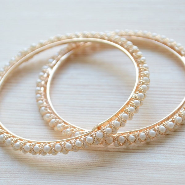 Gold Pearl Bangle Bracelet for women, stacking bangle set, South Indian wedding jewelry, elegant broad kada bangle, bollywood bridal jewelry