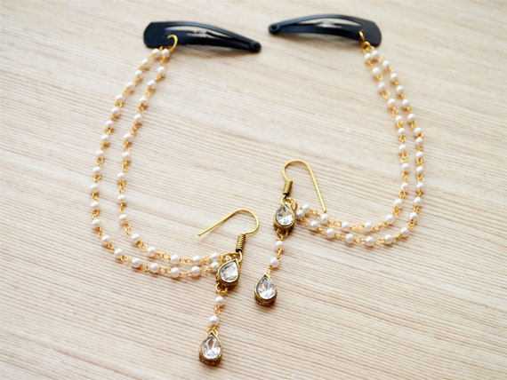 Indian earrings with Kaan Sahara hair chain ethnic oxidized jewelry Silver Pearl Jhumka Earrings south indian jhumki and kanauti