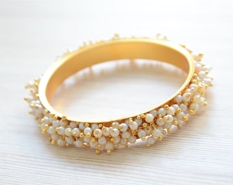 Pearl Bangle Bracelet, Broad Gold Kada, South Indian wedding jewelry, Punjabi kangan Must Have bangles for sangeet mehendi bollywood party