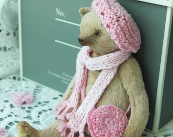 Vintage Stil Teddybär mit rosa hand gestricktem Hut schal und Taschenkünstler Teddybär-OOAK Kuscheltier