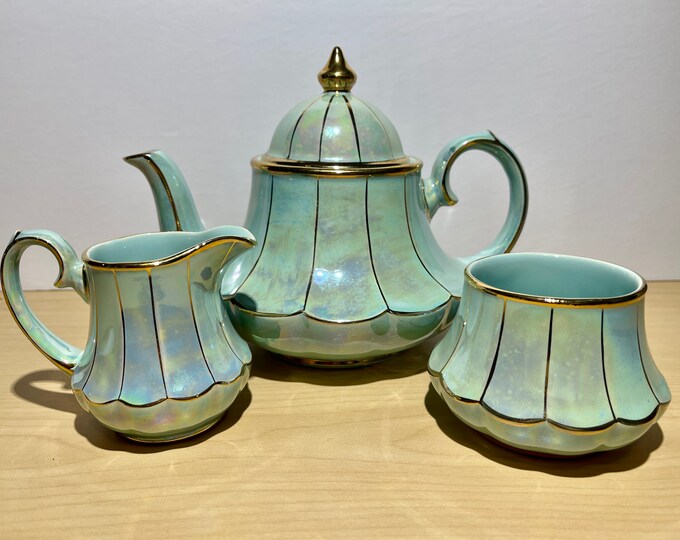 Vintage Sadler Turquoise Tea Set Teapot, Creamer and Open Sugar Bowl. Carousel or Bell Shape