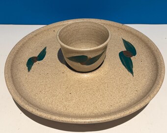 Vintage Handmade pottery chip and dip set . Ross Canadian Pottery